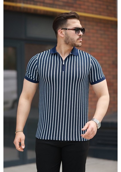 Erkek Çizgili Fermuar Yakalı Kısa Kollu Tişört