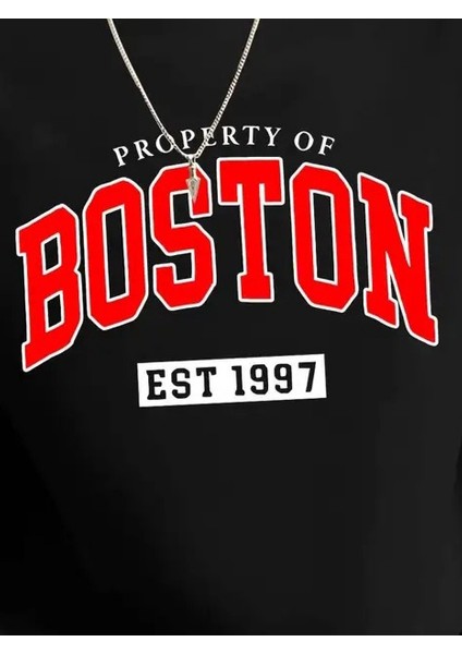 Erkek Uzun Kollu Bisiklet Yaka Boston Yazılı Iki Iplik Bluz