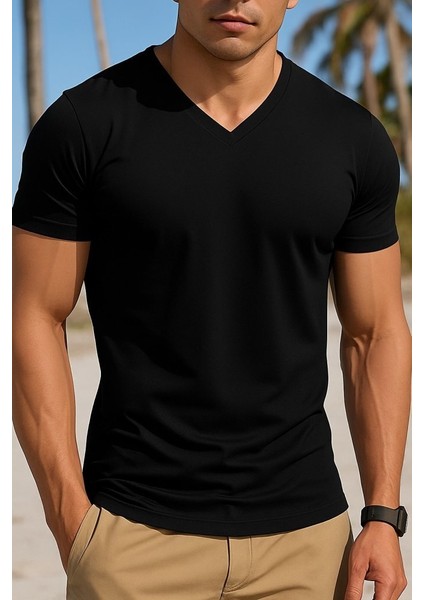 Erkek Kısa Kollu V Yakalı Viskon Bluz