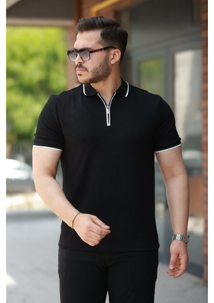 Erkek Fermuar Yakalı Çizgi Detaylıkısa Kollu Tişört