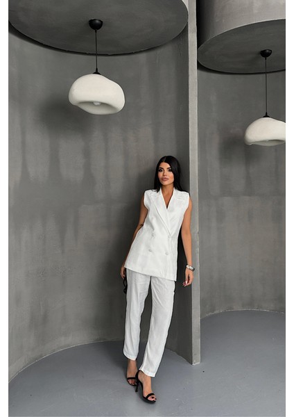 Jakar Kumaş Yelek - Pantolon Takım - Beyaz