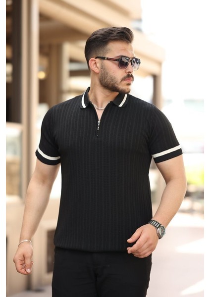 Erkek Yaka ve Kolları Çizgi Detaylı Fermuarlı Kısa Kollu T-Shirt