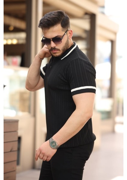 Erkek Yaka ve Kolları Çizgi Detaylı Fermuarlı Kısa Kollu T-Shirt fiyatları