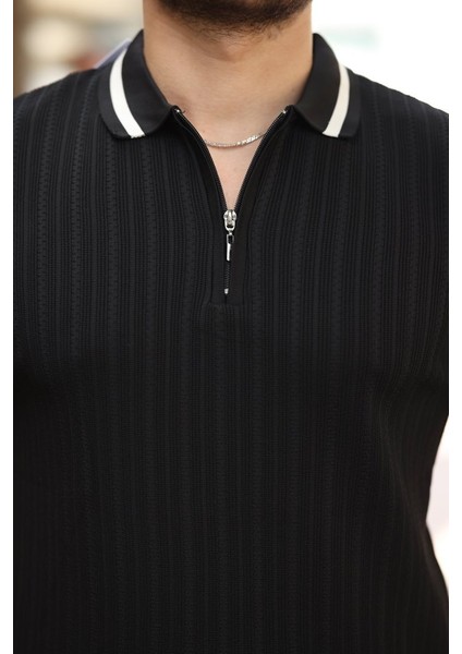 Erkek Yaka ve Kolları Çizgi Detaylı Fermuarlı Kısa Kollu T-Shirt modelleri