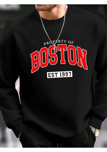 Erkek Uzun Kollu Bisiklet Yaka Boston Yazılı Iki Iplik Bluz