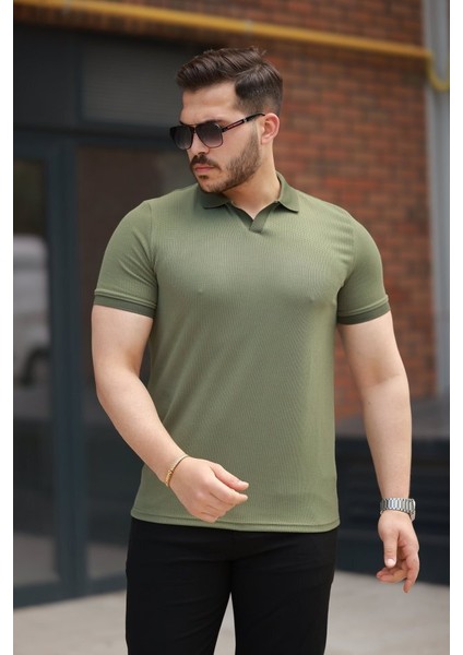 Erkek Yakalı Waffle Dokulu Kısa Kollu Tişört