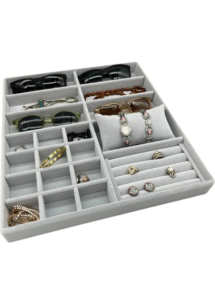 Astana Model Süet Kumaş Gri Renk 38 cm / 35 cm Takı Sergileme Çekmece Içi Stand