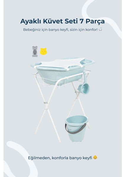 Ayaklı Banyo Seti 7 Parça Mavi Desenli %100 Pamuk Yenidoğanlar için Ergonomik Tasarım
