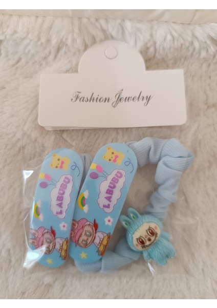 Labubu Figürlü 1 Adet Düz Şeritli Lastik,2 Adet Çıt Çıt Çocuk,bebek Set Toka