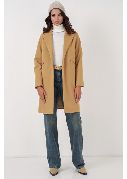 Kadın BDART Şal Yaka Herringbone Yün Karışımı Kaban Yellow