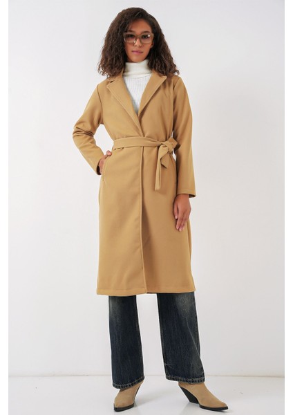 Kadın BDART Kruvaze Yaka Kuşaklı Kaşe Ceket Kehribar Sarısı