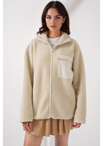 Kadın BDART Cep Detaylı Oversize Peluş Ceket Krem Doğal fırsatları
