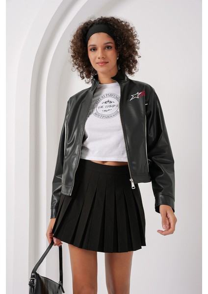 Kadın BDART Düğmeli Kısa Yapay Deri Ceket Black