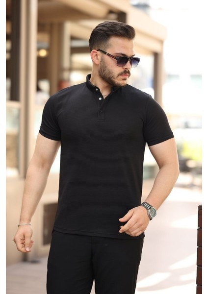 Erkek Çizgi Dokulu Çıtçıt Yakalı Kısa Kollu T-Shirt