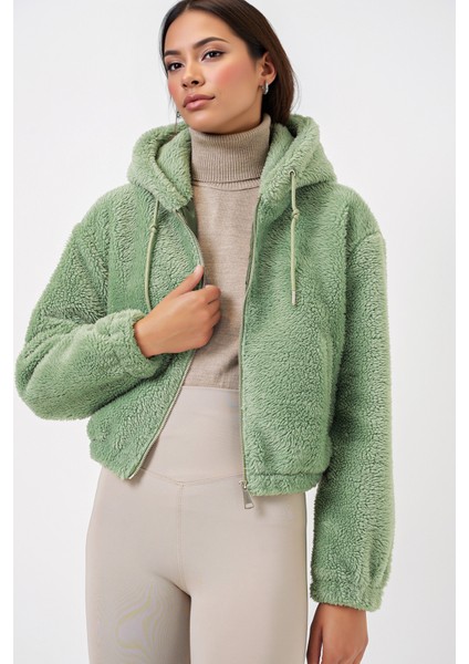 Kadın BDART Sahte Kürk Leopar Desenli Kapşonlu Crop Hoodie Zümrüt Yeşili