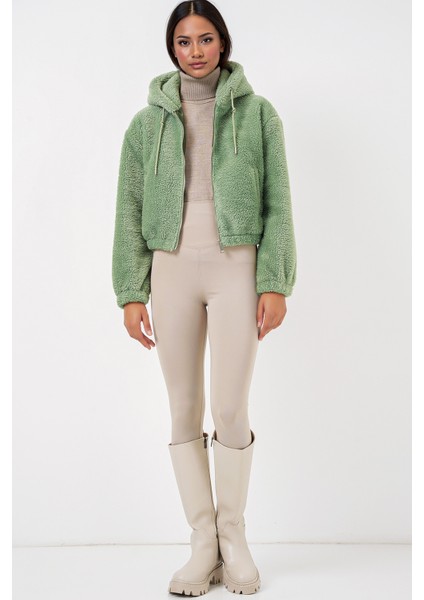 Kadın BDART Sahte Kürk Leopar Desenli Kapşonlu Crop Hoodie Zümrüt Yeşili fiyatları