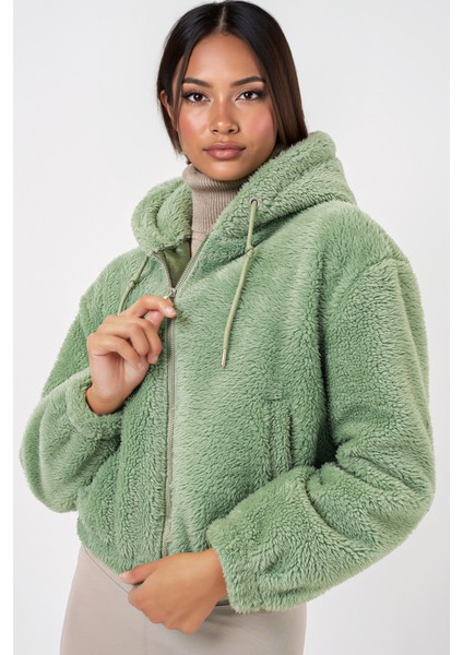 Kadın BDART Sahte Kürk Leopar Desenli Kapşonlu Crop Hoodie Zümrüt Yeşili modelleri