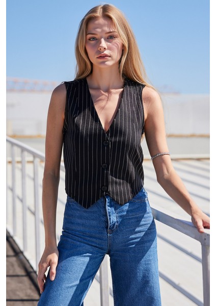 Kadın BDART Çizgili V-Yaka Dar Kesim Yelek Black