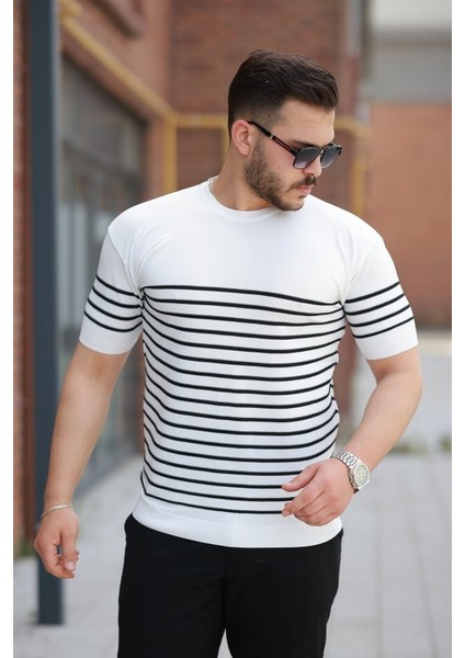 Erkek Çizgi Desenli Bisiklet Yaka Kısa Kollu T-Sihrt