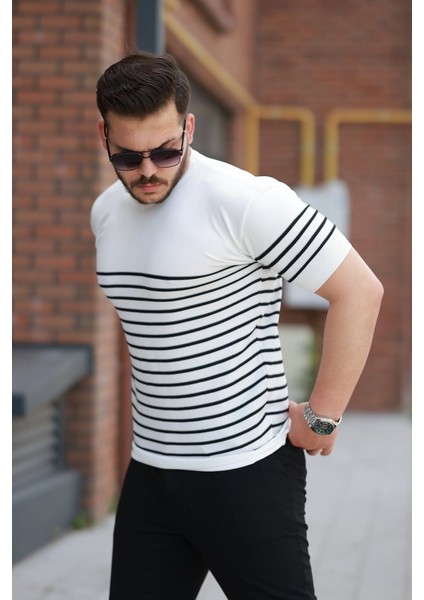 Erkek Çizgi Desenli Bisiklet Yaka Kısa Kollu T-Sihrt fiyatları