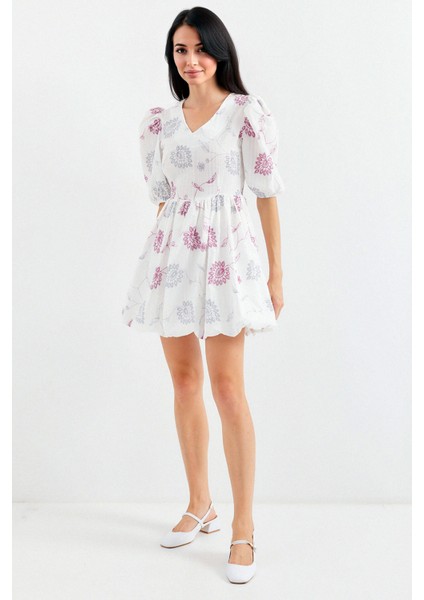 Kadın BDART Çiçekli Nakışlı V-Yaka Mini Elbise Fildişi Doğal