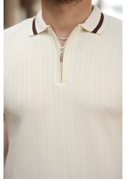 Erkek Yaka ve Kolları Çizgi Detaylı Fermuarlı Kısa Kollu T-Shirt modelleri