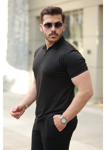 Erkek Deri Panel Detaylı Fermuar Yakalı Kısa Kollu Tişört fiyatları