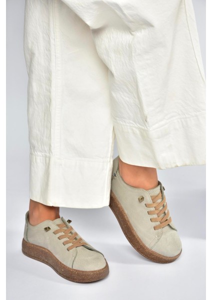 V999060501 Gri Hakiki Deri Nubuk Kadın Spor Ayakkabı Sneakers