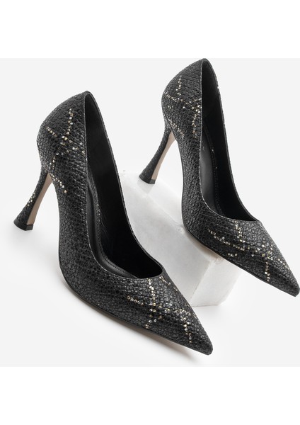 Kadın Stiletto Sivri Burun Yılan Desenli Topuklu Ayakkabı Filoz Siyah Yılan