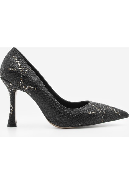 Kadın Stiletto Sivri Burun Yılan Desenli Topuklu Ayakkabı Filoz Siyah Yılan modelleri