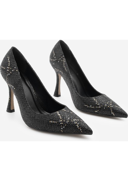 Kadın Stiletto Sivri Burun Yılan Desenli Topuklu Ayakkabı Filoz Siyah Yılan indirimleri