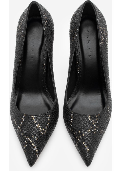 Kadın Stiletto Sivri Burun Yılan Desenli Topuklu Ayakkabı Filoz Siyah Yılan