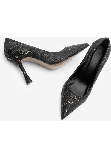 Kadın Stiletto Sivri Burun Yılan Desenli Topuklu Ayakkabı Filoz Siyah Yılan