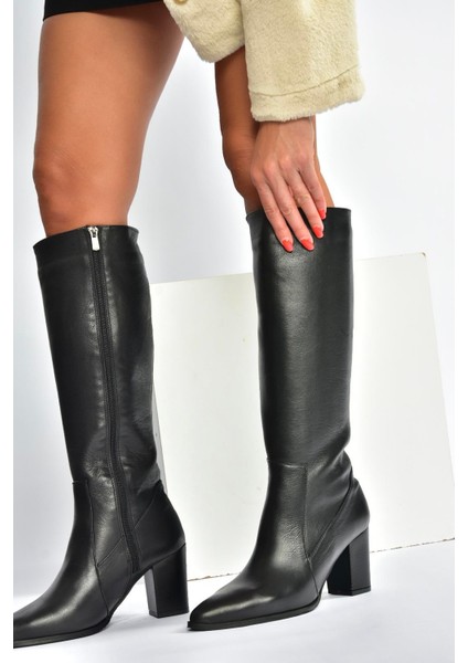 V398589603 Siyah Hakiki Deri Kalın Topuklu Kadın Çizme