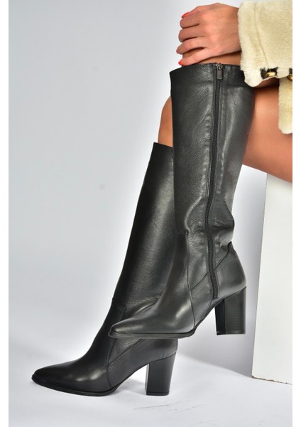 V398589603 Siyah Hakiki Deri Kalın Topuklu Kadın Çizme modelleri