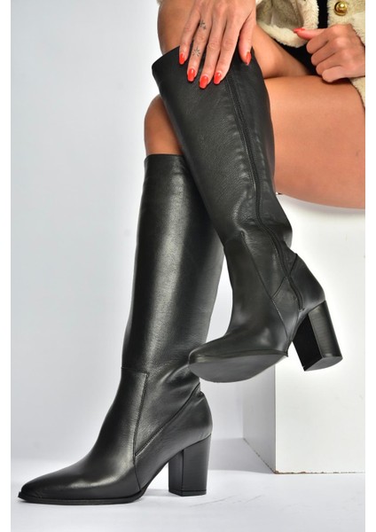 V398589603 Siyah Hakiki Deri Kalın Topuklu Kadın Çizme fırsatları