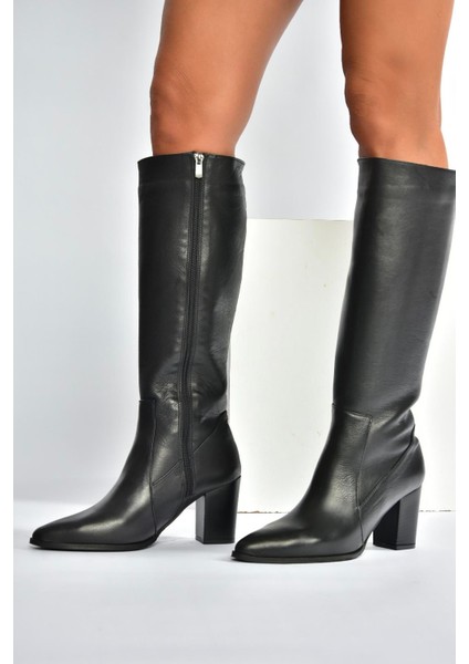 V398589603 Siyah Hakiki Deri Kalın Topuklu Kadın Çizme indirimleri