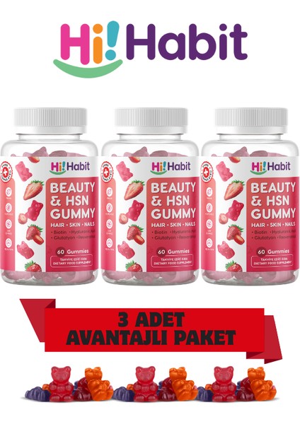 Saç ve Cilt Vitamini - Biotin, Hyaluronik Asit, Glutatyon, Resveratrol Vegan Gummy (90 Günlük)