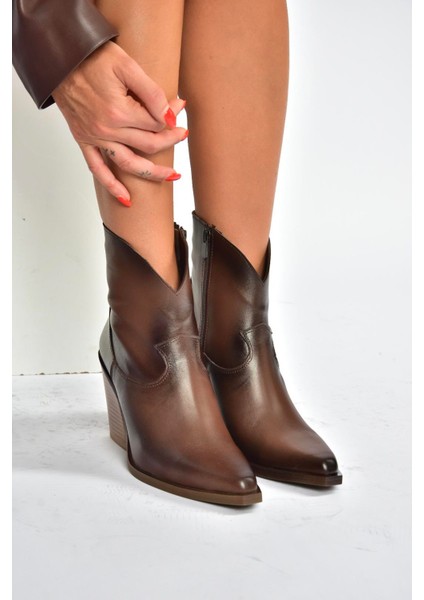 V654081903 Kahverengi Hakiki Deri Kalın Topuklu Western Kovboy Kadın Bot modelleri