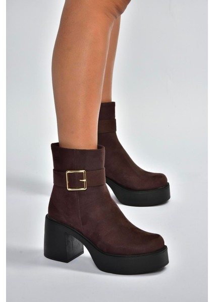V726446602 Kahverengi Süet Kalın Topuklu Kadın Bot fiyatları