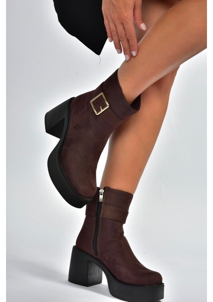 V726446602 Kahverengi Süet Kalın Topuklu Kadın Bot fırsatları