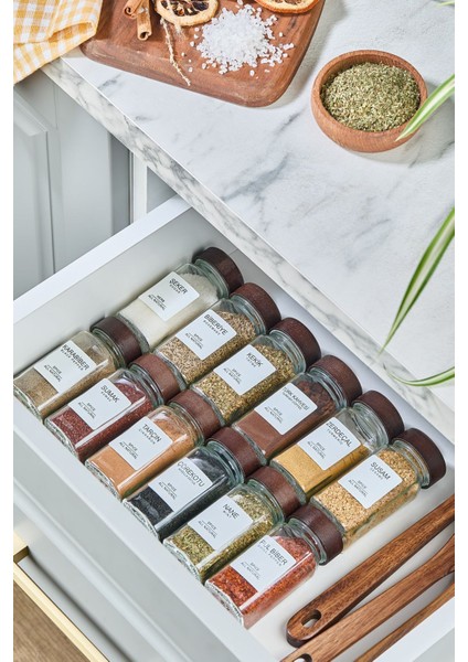 12'li Akasya Kapaklı Yuvarlak Cam Baharatlık Takımı / 56 Adet Etiket Hediye / 12'li Baharatlık Seti