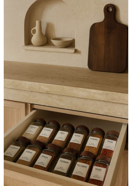 12'li Akasya Kapaklı Yuvarlak Cam Baharatlık Takımı / 56 Adet Etiket Hediye / 12'li Baharatlık Seti fırsatları