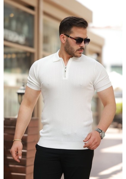Erkek Fermuar Yakalı Kısa Kollu Tişört
