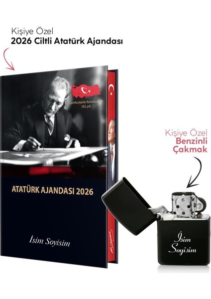 Kişiye Özel 2026 Atatürk Ciltli Ajanda ve Benzinli Çakmak