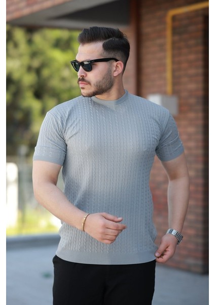 Erkek Bisiklet Yaka Örgü Desenli Kısa Örme Triko Kısa Kollu T-Shirt