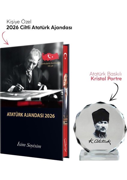 Kişiye Özel 2026 Atatürk Ciltli Ajanda ve Müzkli ve Kristal Portre