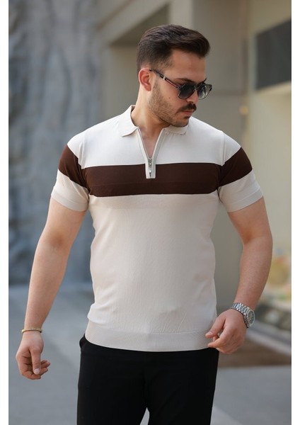 Erkek Fermuar Yakalı Şerit Renk Desenli Kısa Kollu Tişört
