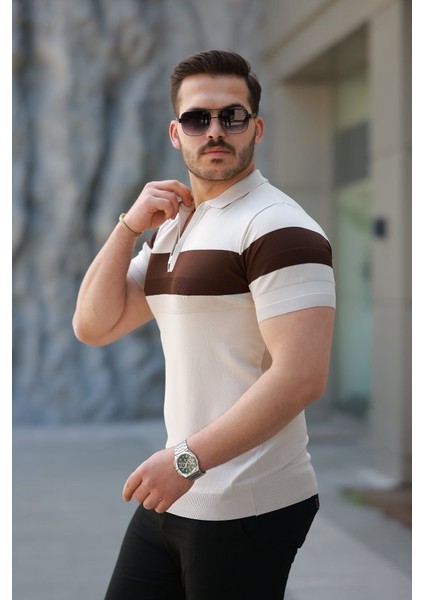 Erkek Fermuar Yakalı Şerit Renk Desenli Kısa Kollu Tişört fiyatları