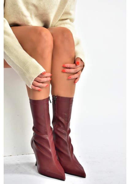 T752582409 Bordo Streç Deri Ince Topuklu Kadın Bot fırsatları